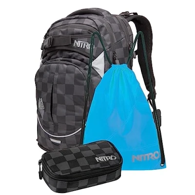 Abbildung von Nitro Superhero, Schulrucksackset, Rucksack, Backpack, abnehmbarer Hüftgurt, robuste Bodenplatte, Thermotasche, Laptopfach, Turnbeutel &amp; Pencil Case XL, Checker