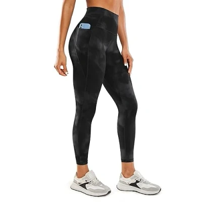 Abbildung von CRZ Yoga Butterluxe Damen High Waist Sport Leggings Blickdicht Soft Hosen Gym Workout Leggins mit Tasche 64cm Schwarze Tie Dye Blumen 36