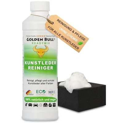 Abbildung von Golden Bull® Kunstleder Reiniger &amp; Pflege 500ml + Schwamm [VEGAN OHNE CHEMIE] Kunstlederreiniger für Auto, Sofa, Couch Reinigung Natürliches Pflegemittel mit Farbauffrischung