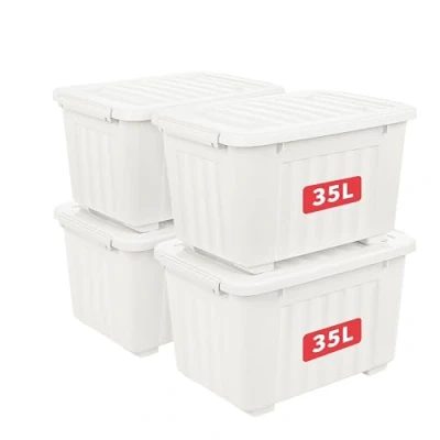 Abbildung von Cetomo 35L*4 Aufbewahrungsboxen mit Deckeln, Kunststoff Aufbewahrungsbox Rollen und Clips, Kunststoffbox für Zuhause Büro, BPA frei, Nestbar, Stapelbar, Weiß, 35L 4er Pack