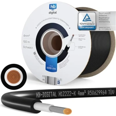 Abbildung von hb digital 100m Solarkabel 4mm² H1Z2Z2 K TÜV Rheinland geprüft UV beständig flexibel PV Kabel Reines Kupfer 1500V Verlängerungskabel Photovoltaik für Solarpanel Laderegler schwarz