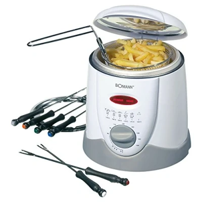 Abbildung von Bomann® 2in1 Fondue Fritteuse inkl. 6 Fonduegabeln für Schokofondue &amp; Käsefondue 1 Liter Öl/Fett Bedienfeld mit Kontrolldisplay Cool Touch Gehäuse 840 Watt FFR 1290 CB