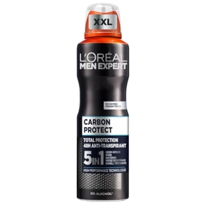 Abbildung von L&#039;Oréal Men Expert XXL 5in1 Deospray für Männer, Bodyspray gegen starken Schweißgeruch, Schwitzen, Achselnässe und weiße Rückstände, Herren Deo Antitranspirant ohne Alkohol, Carbon Protect, 1 x 250 ml
