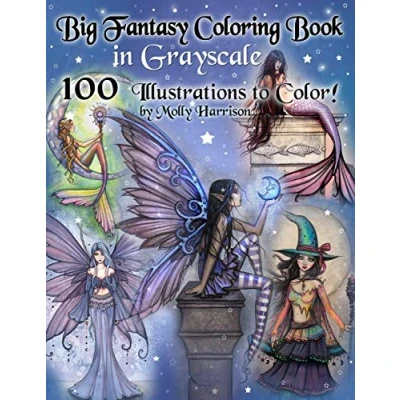 Abbildung von Big Fantasy Coloring Book in Grayscale 100 Illustrations to Color by Molly Harrison: Adult featuring Fairies, Mermaids, Witches, and More! Pages Color!