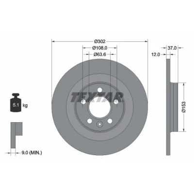 Abbildung von TEXTAR 92304703 Bremsscheibe 302 12 05/06 108 voll beschichtet ohne Radbefestigungsbolzen, Radnabe VOLVO: XC40