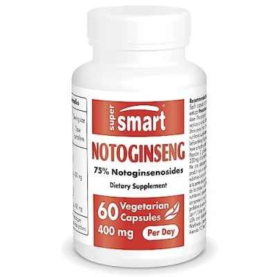 Abbildung von Supersmart Notoginseng 400 mg pro Portion Standardisiert auf 75% Notoginsenoside Unterstützt ein gesundes Herz Kreislauf System Antioxidans Nicht GVO 60 vegetarische Kapseln