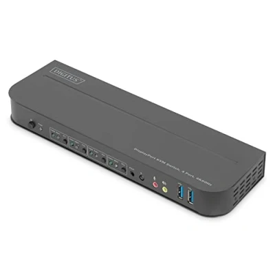 Abbildung von DIGITUS KVM Switch DisplayPort 4 Port Single Display PC 1 Monitor 1x Maus, Tastatur &amp; Audio für Computer UHD 4K@60Hz (4096 x 2160p) Hot Key Umschalter 2X USB 3.0 Hub Schwarz