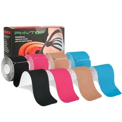 Abbildung von PHYTOP Kinesiotapes 80 vorgeschnittene Streifen (25cm x 5cm) Mischfarben Kinesiologie Tape für Muskeln, Gelenke, Sport und Physiotherapie (Schwarz, Beige, Hellblau, Rosa)