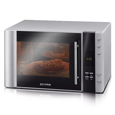 Abbildung von SEVERIN 3 in 1 Mikrowelle mit Grill und Heißluftfunktion, Minibackofen 10 Automatik Programmen, multifunktionale Drehteller Grillrost, silber/schwarz, MW 7775