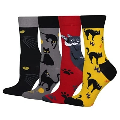 Abbildung von Cansok Damen Crew Neuheit schwarze Katze Socken Geschenk Baumwolle anziehen Wadensocken Packung mit 4