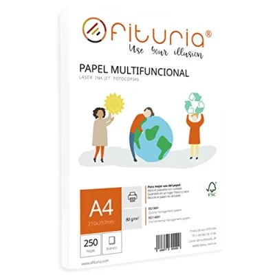 Abbildung von Packung mit 80 g A4 Blättern, 250 Blatt, weißes Multifunktionspapier für Schule und Laborals, ideal Laserdrucker, Tintenstrahldrucker oder Kopierer Ofituria