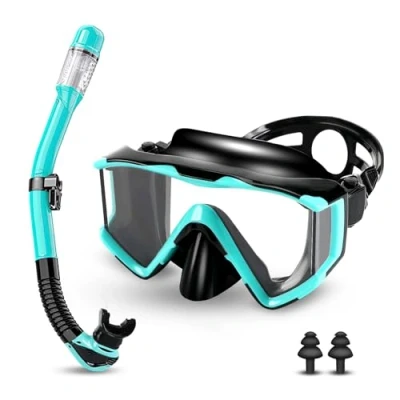 Abbildung von Schnorchelset Erwachsene,Taucherbrille Erwachsene mit Dry Schnorchel, wasserdichte Tauchmaske Anti Fog Leck,Mit gehärteter Glaslinse, Schnorchelsets für Schnorcheln und Tauchen (Schwarz/Grün)