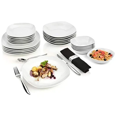 Abbildung von SÄNGER Tafelservice Bilgola weiß, 24 teiliges Geschirrset aus Porzellan für 6 Personen, Teller Set Eckig, Speiseteller PREMIUM COLLECTION
