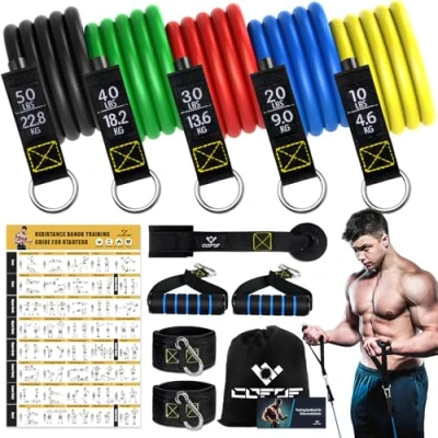 Abbildung von COFOF Widerstandsbänder Set, 5 Fitnessbänder Expander Tube Bands, Fitnessband mit Großem Griff Knöchelriemen Türankerbefestigung Tragtasche, Ideal für Pilates Krafttraining Physiotherapie