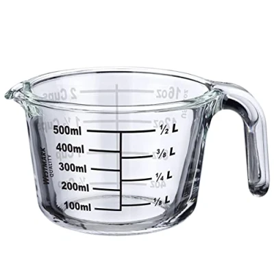 Abbildung von Westmark Messkanne, Füllvolumen: 0,5 l, Backofenfest, Mikrowellengeeignet, Gefrierschrankgeeignet, Borosilikatglas, Transparent/Schwarz, 30622260