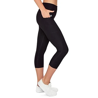 Abbildung von VS Capri Sport Leggings mit Handytasche 3 Seitentaschen 3/4 Leggins für Handy, Schlüssel, Kreditkarte und Co. Fitness Tights Schwarz Muster Yoga Hose Sporthose Jogging High Waist (Schwarz, M)