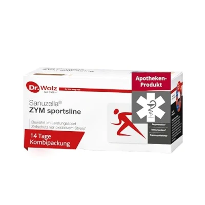 Abbildung von Sanuzella ZYM sportsline von Dr. Wolz, natürliche Enzym Hefe Zellen, Vital Komplex für Leistung beim Sport, 14 Ampullen à 20 ml + Kapseln
