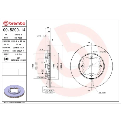 Abbildung von BREMBO 09.5290.14 Bremsscheibe 259 23 4 innenbelüftet HONDA: CIVIC 6 Hatchback, ACCORD Coupe, Stufenheck