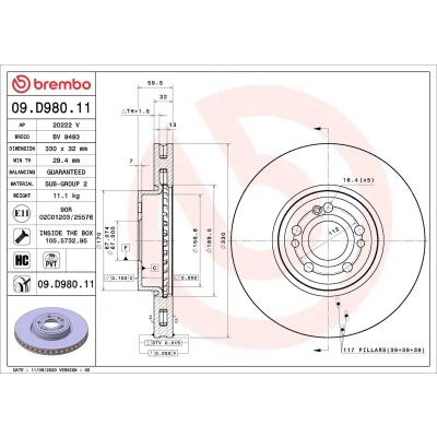 Abbildung von BREMBO 09.D980.11 Bremsscheibe 330 32 5 innenbelüftet beschichtet hochgekohlt mit Schrauben