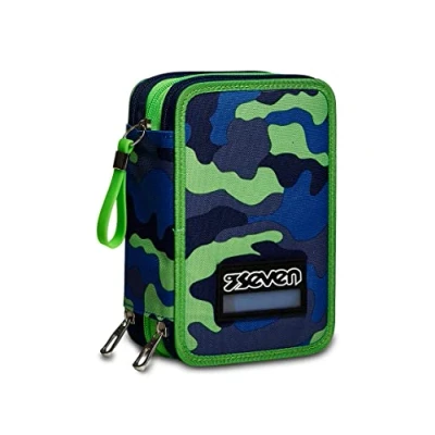 Abbildung von Seven Federmäppchen, Mäppchen, mehrfarbig, Federtasche für Schreibwaren, Etui mit Stiften, Kugelschreiber, &amp; mehr, 3 Fächer, Mädchen Jungen, Schule Grundschule, XXL Blue Deep grün/blau