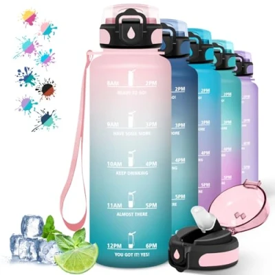 Abbildung von Trinkflasche, Wasserflasche 1 5 liter, Trinkflasche Sport mit Zeitmarkierung, Strohhalm, für Kohlensäurehaltige Getränke, Kann Dir Tragen, Yoga, Camping, Wandern