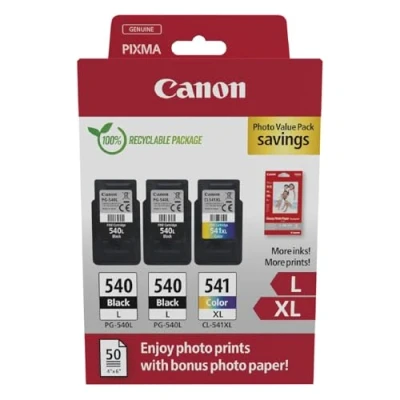 Abbildung von Canon Originaltinte PG 540XL x 2 / CL 541XL (3 Tintenpatronen; 2x Schwarz XL + 1x Farbe XL) Photo Value Pack (inkl. Fotopapier GP 501 50 Blatt 10x15cm)