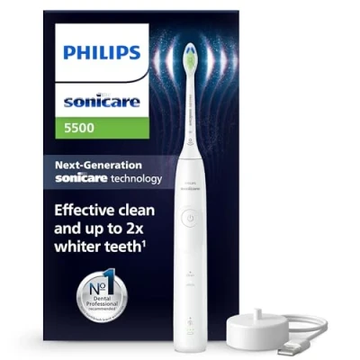 Abbildung von Philips Sonicare 5500 elektrische Zahnbürste, Schallzahnbürste mit 1 Intensitätsstufe, Andruckkontrolle, EasyStart, SmarTimer und BrushPacer, Weiß, Modell HX7110/01