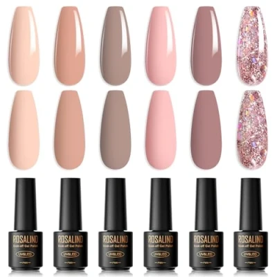 Abbildung von ROSALIND UV Nagellack, 6 Farben Mini Nackt Rosa Nude Glitzer Shellac Soak Off LED Nail Gel Polish Gellack Set für Anfänger Art Salon