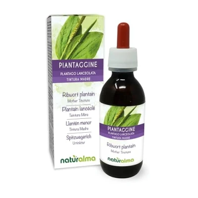 Abbildung von Spitzwegerich oder Lungenblattl (Plantago lanceolata) Blätter Alkoholfreier Urtinktur Naturalma Flüssig Extrakt Tropfen 120 ml Nahrungsergänzungsmittel Veganer