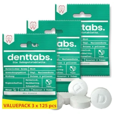 Abbildung von denttabs Zahnputztabletten Minze mit Fluorid 3 x 125 stk. für 6 Monate die vollwertige Alternative zur Zahnpasta VEGAN Plastikfrei ohne Konservierungsstoffe. Im Orginal kompostierbaren Beutel