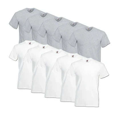Abbildung von Fruit of the Loom 10 T Shirts V Neck M L XL XXL Ausschnitt Diverse Farben auswählbar (M, 5Weiss/5Grau)