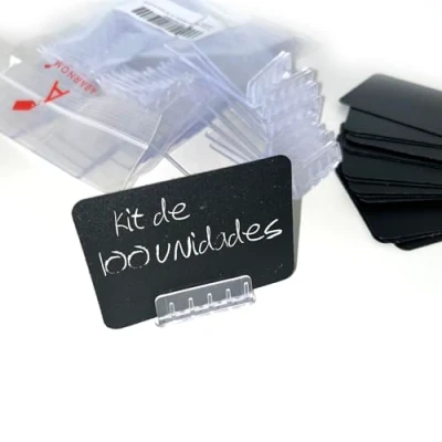 Abbildung von 100 wiederverwendbaren schwarzen Tafeln aus Kunststoff + Preishalterbasen, Mini Preistafeln, Preishalter für Obst, Metzger, Fischgeschäfte,