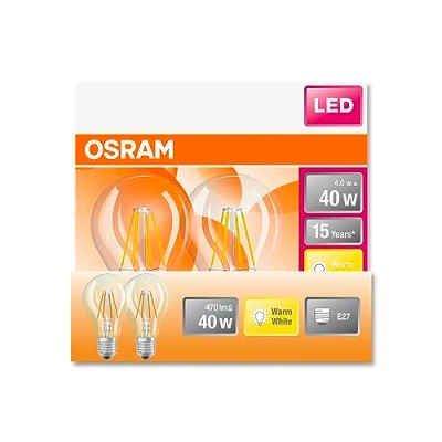 Abbildung von OSRAM LED Star Classic A40 Lampe für E27 Sockel, Birnenform, FIL, 470 Lumen, warmweiß (2700K), Ersatz herkömmliche 40W Glühbirnen, nicht dimmbar, 2er Pack