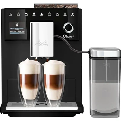 Abbildung von Melitta CI Touch Kaffeevollautomat mit Milchsystem, Kaffeemaschine integrierter Kaffeemühle und Milchaufschäumer, für z. B. Espresso oder Cappuccino, frosted black