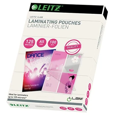 Abbildung von Leitz Heißlaminierfolien A5 125 mic, Hochwertige Laminierfolien im 100er Pack, mit abgerundeten Ecken, transparent, glänzend, für den Einsatz zu Hause oder Büro, 33807