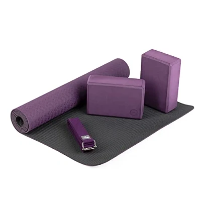 Abbildung von Bodhi Yoga Set Flow bestehend aus: 1 Yogamatte aus TPE, 2 Bricks Eva (Moosgummi) und Gurt Baumwolle Einsteiger für Anfänger (lila)