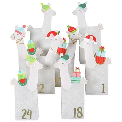 Abbildung von Papierdrachen Adventskalender zum Befüllen Kraftpapier Set ausgestanzte Lamas mit 24 weiß gemusterten Papiertüten Basteln und Selbermachen