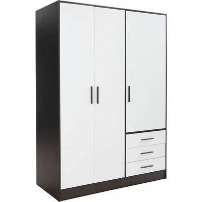 Abbildung von FORTE Jupiter Schrank 140 150, Kleiderschrank, Drehtürenschrank, 3 türig, mit Schubladen und Einlegeböden, Schwarz Weiß, 145 cm breit x 60 tief 200 hoch