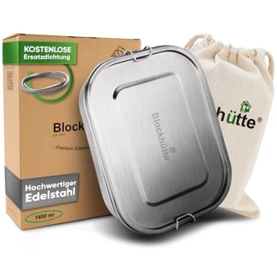 Abbildung von Blockhütte Premium Edelstahl Brotdose I 1400ml Inkl Austauschdichtung und 2x Trennwand Die verbesserte Lunchbox ist auslaufsicher kinderleicht zu Reinigen Für Kinder Erwachsene