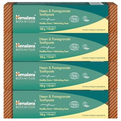 Abbildung von Himalaya Neem and Pomegranate Organic Toothpaste Fights germs, strengthens gums Whitens teeth Natural, No Fluoride, SLS, Gluten, Saccharin 150g (Pack of 4)