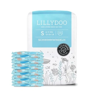Abbildung von LILLYDOO hautfreundliche Einweg Schwimmwindeln für Babys, Größe S (6 11 kg), 1 Packung (20 Stück) mit Unterwasser Design, Windeln sicheren Schutz im Wasser