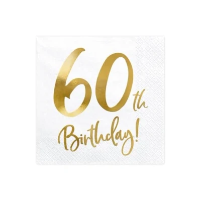 Abbildung von PartyDeco Weiße Papierservietten mit der Aufschrift 60th Birthday 60. Geburtstag Dekorationen für Runde Dekorative Servietten Papiertaschentücher Taschentücher Bedruckte Tabelle