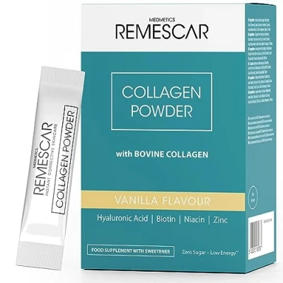 Abbildung von Remescar Kollagen Pulver 30 Sachets Vanillegeschmack Rinderkollagen Kollagenpulver Collagen Booster mit Hyaluronsäure, Biotin, Vitamin C, Zink zur Erhaltung normaler Haare und Haut