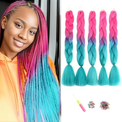 Abbildung von ShowJarlly Jumbo Braid Kunsthaar Haar, Ombre Extension, 24 Zoll Kanekalon Haar Flechten Extensions 5 Stücke Für Crochet Twist Box Zum Einflechten Zöpfe Pfirsich/Marineblau#
