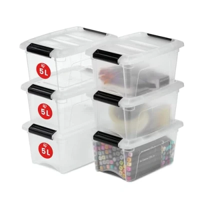 Abbildung von Iris Ohyama Aufbewahrungsboxen mit Deckel, 5L, 6er Set, Transparent, Sicherer Verschluss, Stapelbar, Griffe, Schlafzimmer, Schrank, Büro, Organisation, BPA freies Plastik, Ordnungsboxen, DDNTB 5