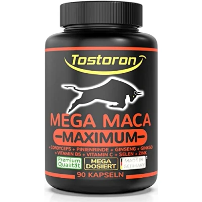 Abbildung von TOSTORON MEGA MACA MAXIMUM hochdosiert hol dir jetzt den HAMMER direkt nach Hause! 90 Kapseln + Cordyceps, Pinienrinden Extrakt, Ginseng, Ginkgo, Vitamin C B5, Selen, Zink (1x76,6g)