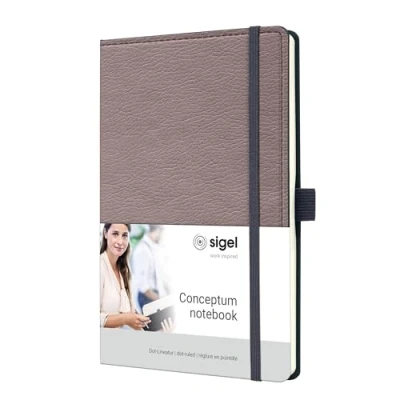 Abbildung von SIGEL CO691 Premium Notizbuch, Leder Look, dotted, ca. A5, taupe, Hardcover, 194 nummerierte Seiten, nachhaltiges Papier, Inhaltsverzeichnis Stiftschlaufe Falttasche Gummibandverschluss, Conceptum
