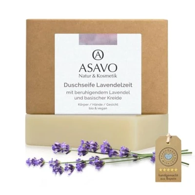 Abbildung von ASAVO Premium Lavendelseife, handgemachte BIO Seife, Naturseife mit Karitébutter &amp; natürlichem Lavendelöl, vegan, 95g