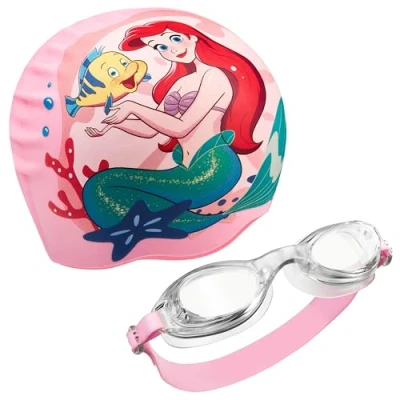 Abbildung von Disney Badekappe &amp; Schwimmbrille Kinder Set, UV Schutz, Anti Beschlag Stitch Sachen für (Rosa Arielle, 3 6 Jahre)