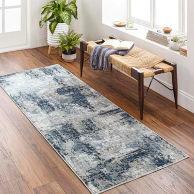Abbildung von Livabliss Surya Paris Teppich Läufer Modern Abstrakt Design in Marmor Optik für Esszimmer, Schlafzimmer, Wohnzimmerteppich weicher Groß 80x220cm, Blau, Grau, Beige